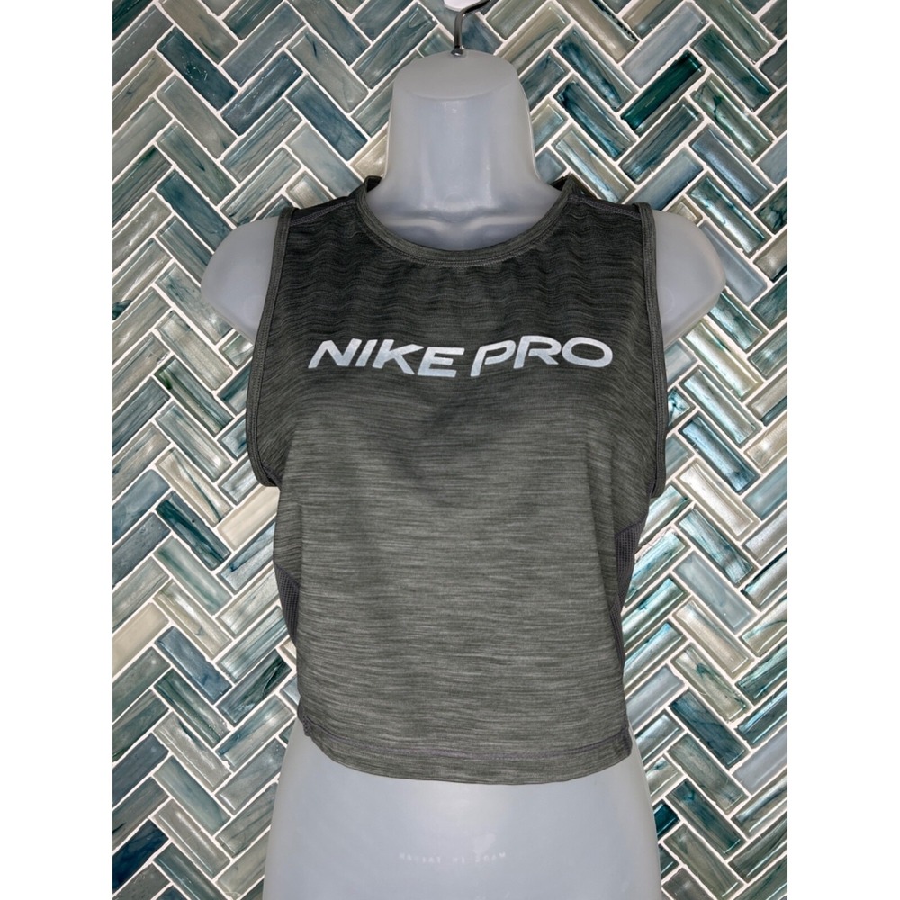 WOMENS NIKE PRO‎ DRI FIT GRAY SPACE DYED CROPPED LOGO TACTIVE ATHLETIC TANK MED